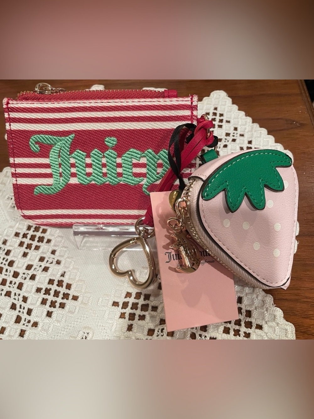 Juicy Couture Pink & Green Strawberry Coin Purse and Stripe Card Holder Set